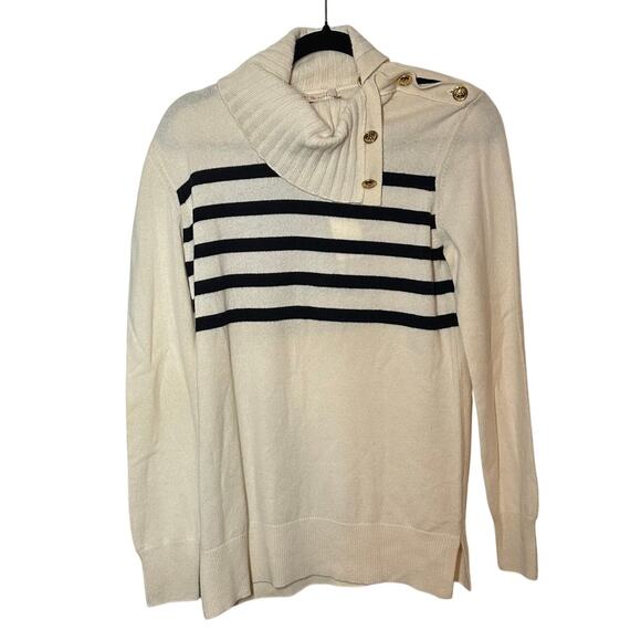 NEW Tory Burch Sandra Cream Striped Turtleneck Cowl Cashmere Sweater Size Small - Picture 3 of 14